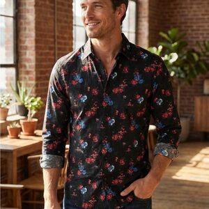 Express Men's Black Shirt with Red and Blue Floral Design